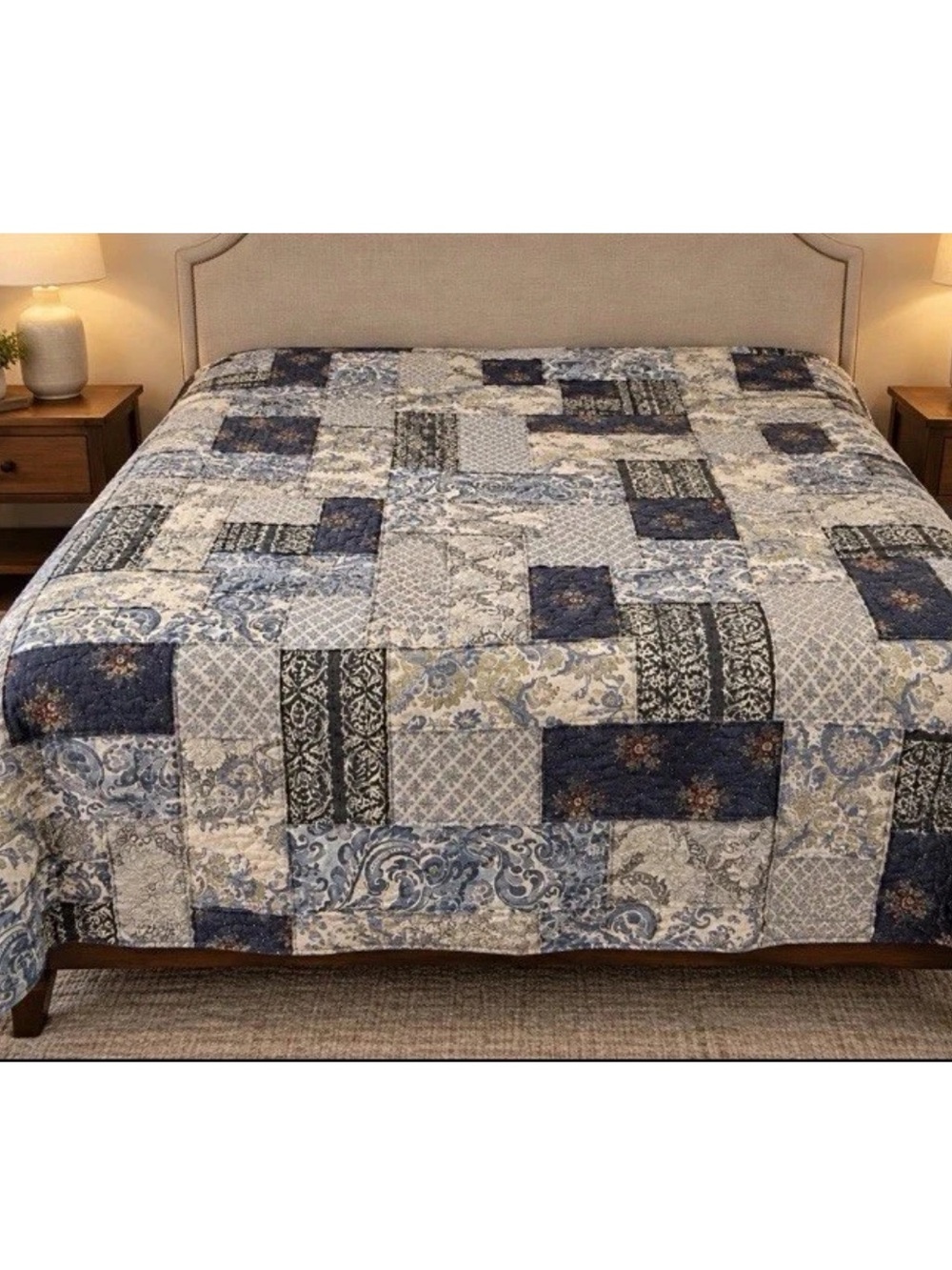 Pottery Barn Quilt Blue Patchwork Cotton Batik Queen Shabby Cottage Reversible